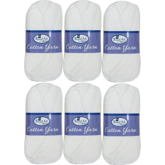 6 Pack Threadart 100% Pure Cotton Crochet Yarn | 50 gram Skeins | Worsted Medium #4 Yarn | 85 yds per Skein | 30 Colors Available | White #3501