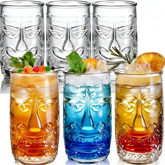 6 Pack Tiki Glasses, 16 Oz Clear Tiki Mug, Exotic Zombie Party Cup, Hawaiian Style Cocktail Glasses Gift Set, Cute Old Fashioned Drinking Glassware for Tropical Island Drink Mai Tai Tiki Bar