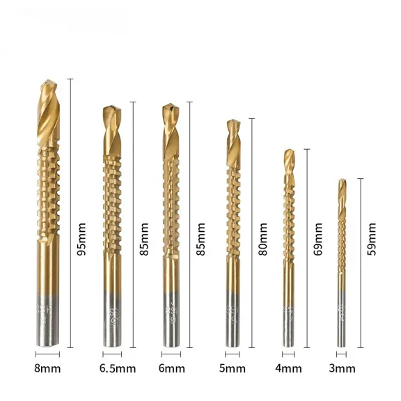 6 Pack Titanium Coated HSS Twist Drill Bits, 3-8mm Serrated Side Cutting Drill Bit Woodworking Tools for Plastic Metal Wood Hole-YY