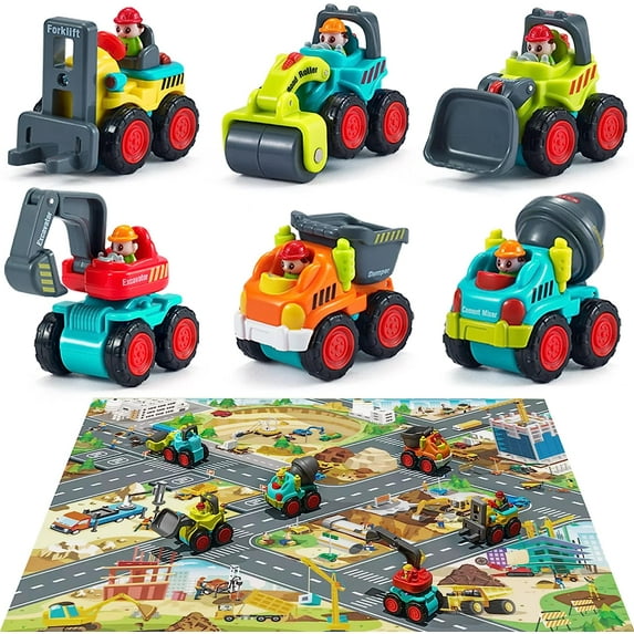 6 Pack Toddler Construction Toy ,Baby Mini Push Go Cars with Construction Vehicle Theme Playmat, Kid Pocket Construction Vehicles,Birthday Gifts 6 9 12 18 Month 1 2 3 Year Old Boy