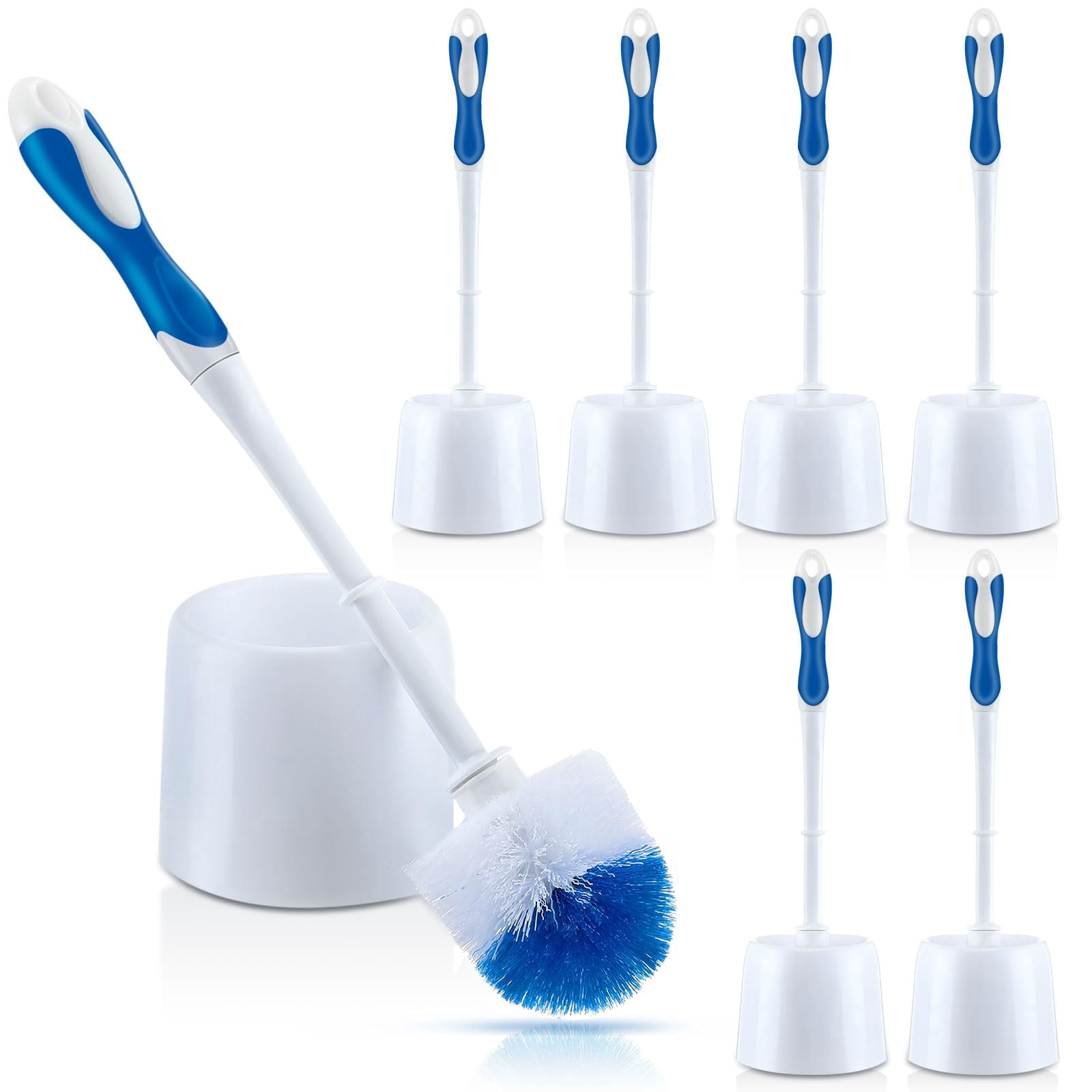 6 Pack Toilet Brush With Holder  14.96 Inch Bowl Set Stiff Bristles Scrubber For Deep Cleaning Base Bathroom Supplies (blue White)
