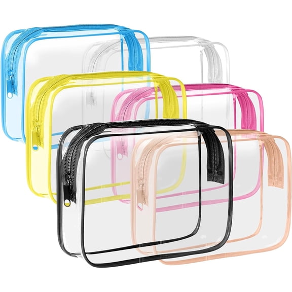 6 Pack Toiletry Bag Makeup Cosmetic Bag, TSA Approved Clear Travel wih Zippers, Quart Size for Women Men, Carry on Airport Airline Compliant Colors