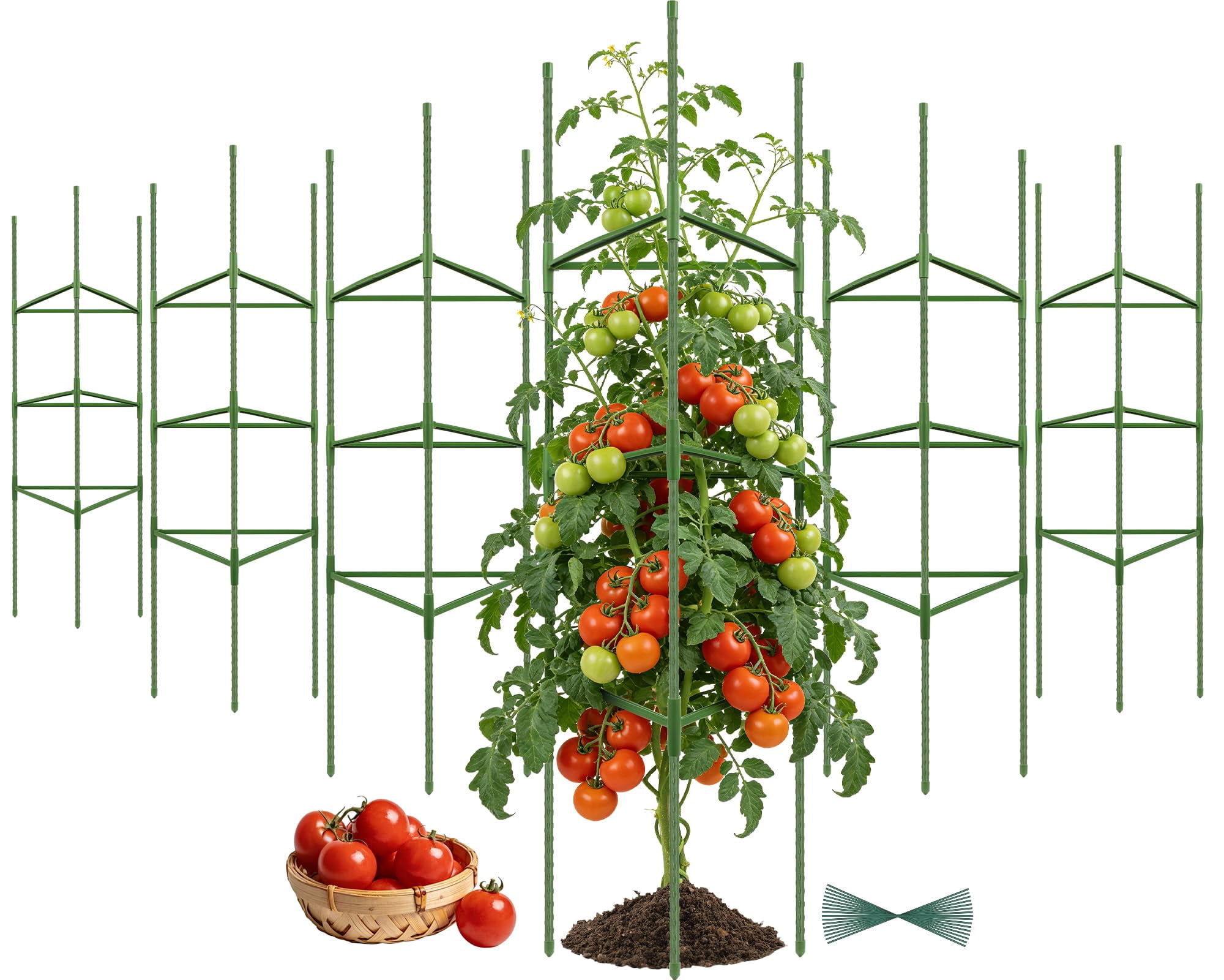 6 Pack Tomato Cage For Garden Plant Supports  Up To 53 Inch Trellis Potted Plants Heavy-duty Stakes Climbing Vegetables Cucumber Peony Flowers Green