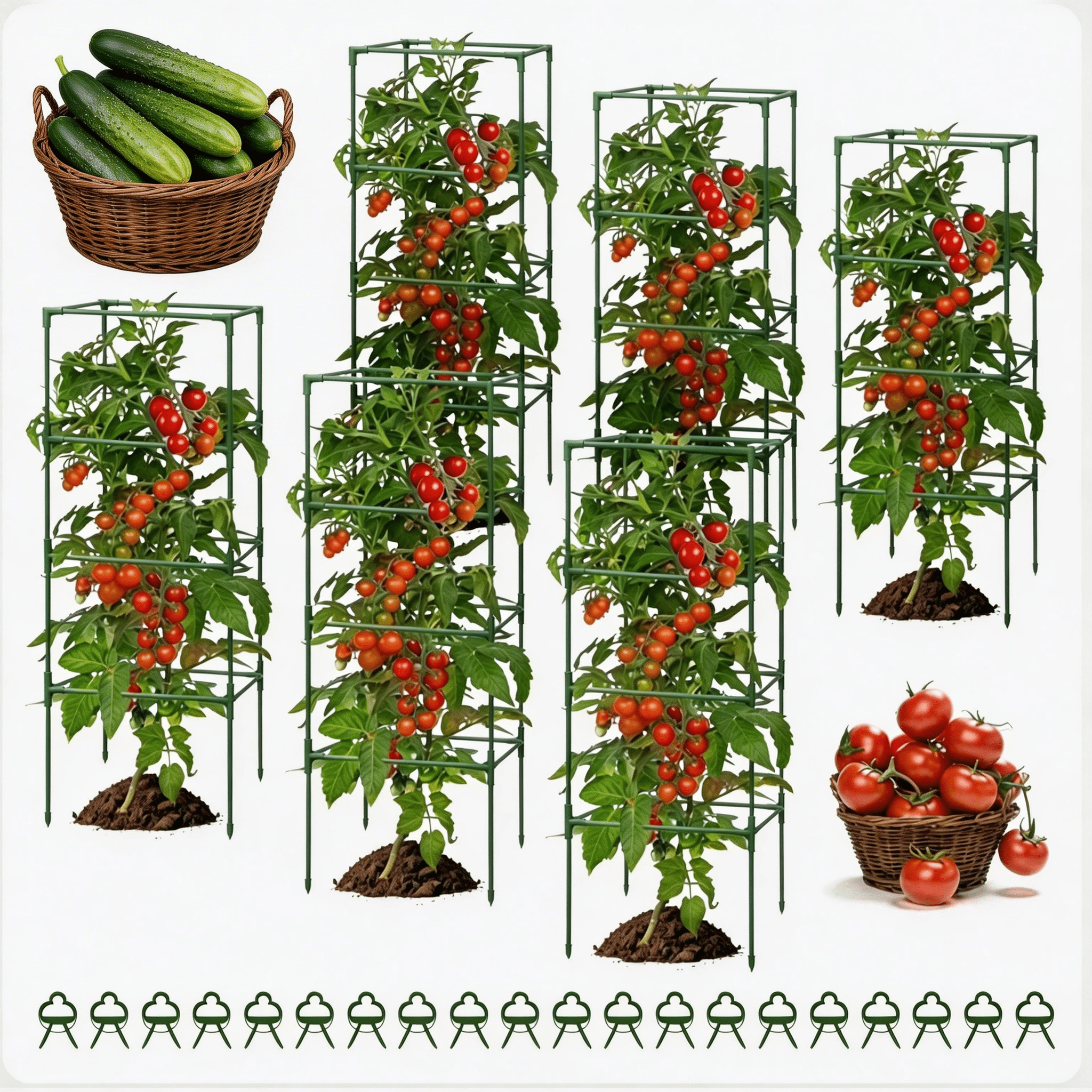 MQHUAYU 6 Pack Green Square Tomato Cages, 41.7" Heavy Duty Plant Support Cages with 20 Plant Clips, Plastic-Coated Steel Rust-Resistant Trellis for Garden Climbing Vegetables, Flowers and Fruits