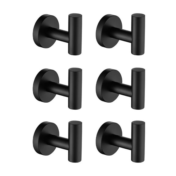 6 Pack Towel Hooks Bathroom Wall Mounted, Matte Black Towel Rack for Kitchen, Shower, Robe, Coats - Heavy Duty Rustproof Hooks for Bathroom Decor Matte Black + Stainless Steel
