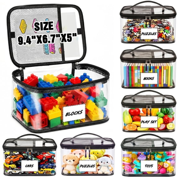6 Pack Toy Storage Bag with Name Label& Manual Pocket for Lego Bricks, Reusable Waterproof PVC Toy Organizer Case for Building Blocks, Board Games, Puzzles