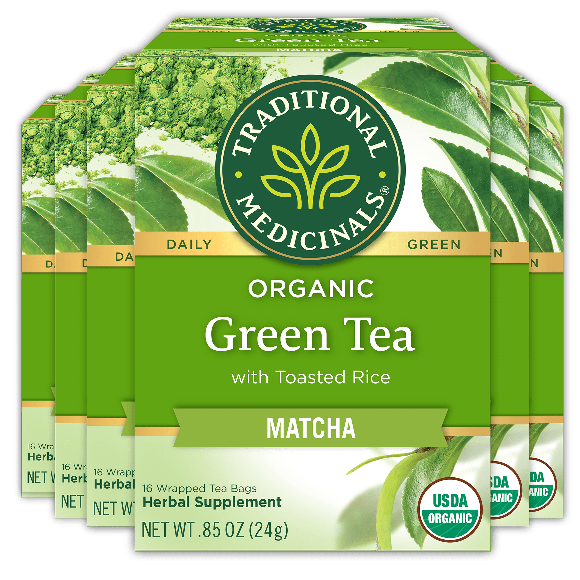 (6 pack) Traditional Medicinals, Organic Green Tea Matcha with Toasted Rice, Tea Bags, 16 Ct