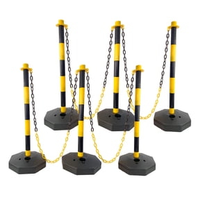 6 Pack Traffic Delineator Post Cones with Fillable Base, Adjustable Plastic Safety Barrier with 5Ft Plastic Chain, Outdoor and Indoor Crowd Control Stanchion for Traffic Control and warning Y/B