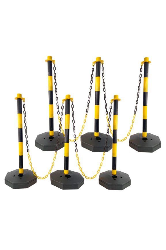 6 Pack Traffic Delineator Post Cones with Fillable Base, Adjustable Plastic Safety Barrier with 5Ft Plastic Chain, Outdoor and Indoor Crowd Control Stanchion for Traffic Control and warning Y/B,