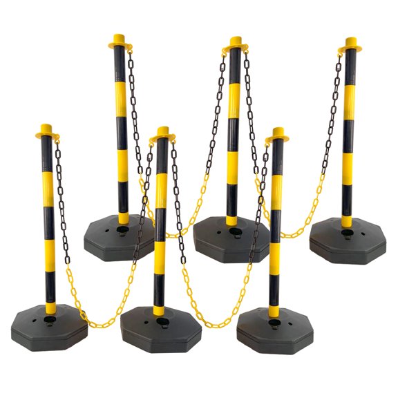 6 Pack Traffic Delineator Post Cones with Fillable Base, Adjustable Plastic Safety Barrier for Crowd Control, Outdoor Indoor Warning Stanchion Yellow Black