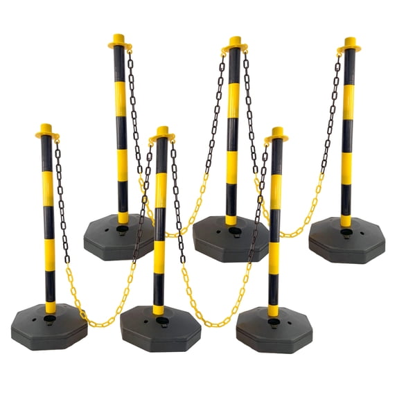 6 Pack Traffic Delineator Post with Base and 5FT Plastic Chain Links, Stanchions with Fillable Base, Outdoor and Indoor Crowd Control Barriers for Traffic Control and Warning, Yellow+Black