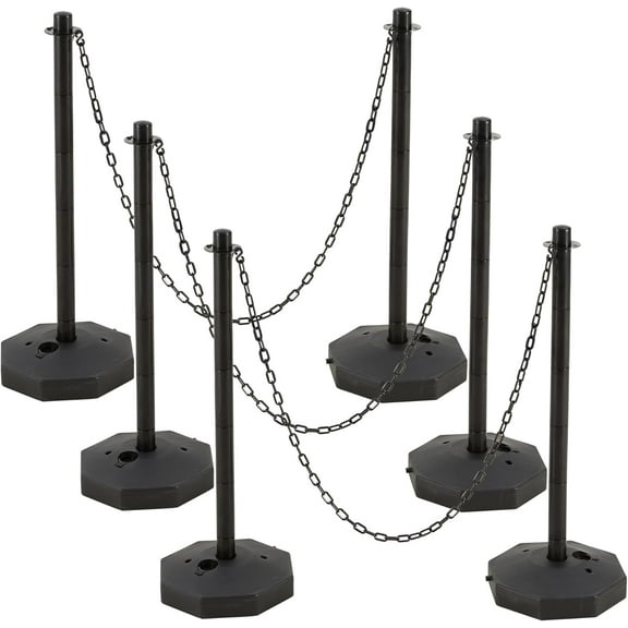 6 Pack Traffic Delineator Post Cones, Plastic Stanchion Post Set with Fillable Base and 5.4 Ft Chains, Traffic Control Warning Parking Lot for Parking Lot Construction, garages (Black)