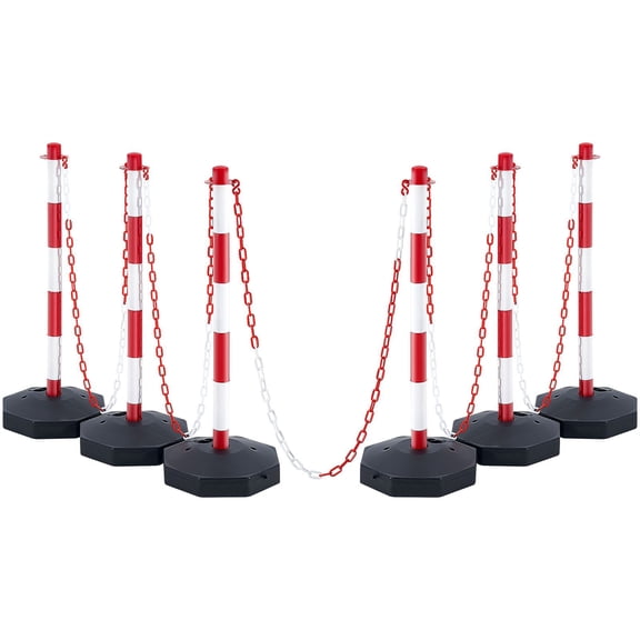 6 Pack Traffic Delineator Post with Fillable Base and 6.6ft Chain, Safety Barrier for Parking Lot, Construction, Road, Red White