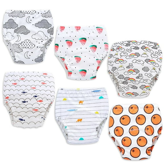 6 Pack Training Underwear for Baby, Viaky Toddler Potty Training Pants for Boys & Girls Reusable Waterproof, Cute Pattern Rainbow Animal Fish Orange, Child Underpants Panties 12M/18M/2-6T