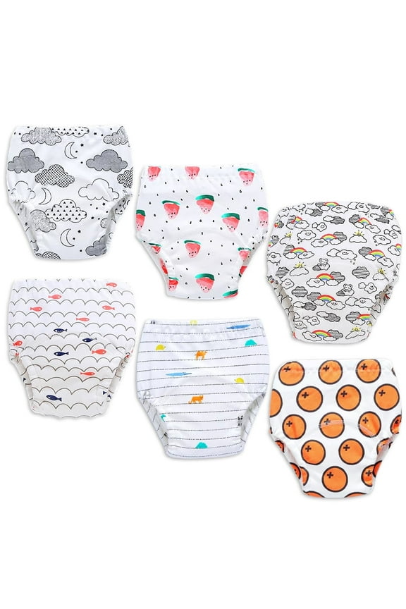 6 Pack Training Underwear for Baby, Viaky Toddler Potty Training Pants for Boys & Girls Reusable Waterproof, Cute Pattern Rainbow Animal Fish Orange, Child Underpants Panties 12M/18M/2-6T