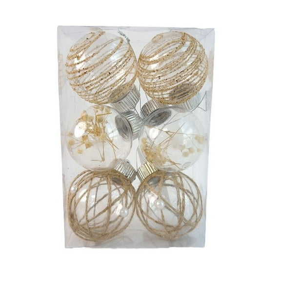 6-Pack Transparent Pet Christmas Ball With Hemp Rope, 6Cm Diameter
