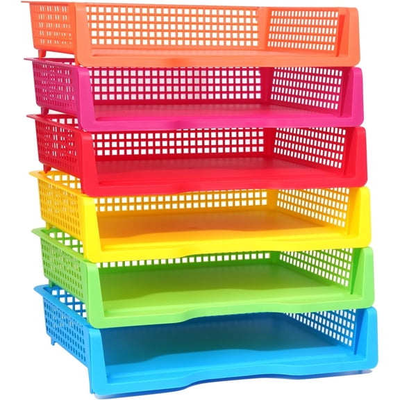6 Pack in Trays for Teachers, Plastic Classroom Paper Organizers, Colorful Storage Baskets for Office, Stackable Office Desktop Document Paper Storage(13.4 * 9.5 * 2.7in)
