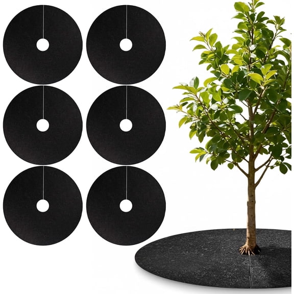 6 Pack Tree Rings, Round Tree Mulch Ring with Pre-Cut Hole, Heavy Duty Non-Woven Weed Barrier for Garden, Lawn, and Landscaping, L
