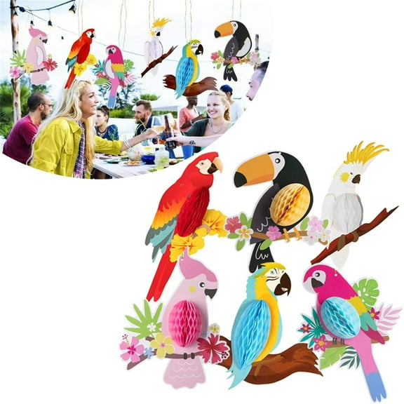 6-Pack Tropical Bird Honeycomb Decor - Large Jungle Theme Cutouts for Luau Party, Indoor Outdoor Hawaiian & Summer Celebration