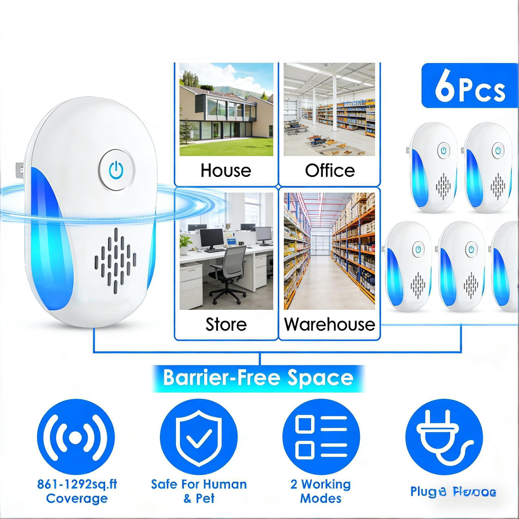 6 Pack Ultrasonic Pest Repeller Dual Frequency Electronic Plug In 3.15In Device 1292sq.ft Coverage Silent Operation Home Apartment Hotel Office Kitchen Indoor Rodent Insect Spider Control 3W ABS
