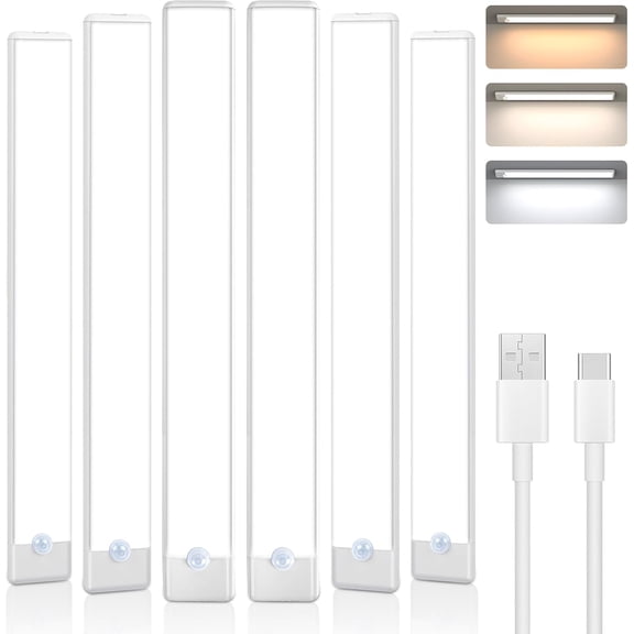 6 Pack Under Cabinet Lighting, 3 Color Temps Punch-Free Motion Sensor Wireless Magnetic Rechargeable LED Light Bar for Kitchen Closet Stair Shelf