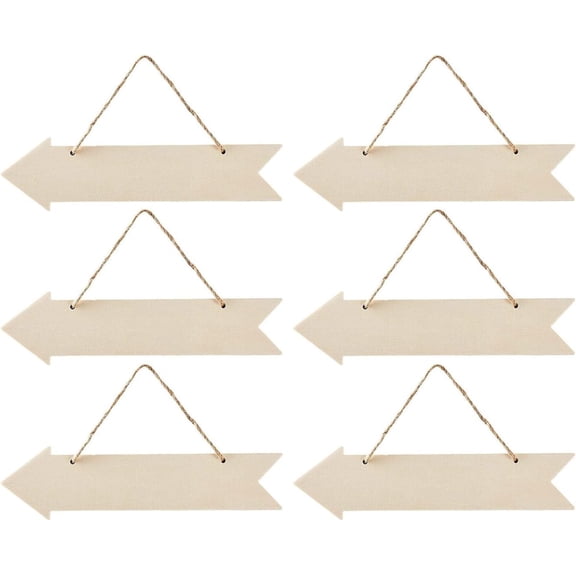 6 Pack Unfinished Wood Arrow Sign Blank Hanging Plaque with Rope for DIY Craft Wall Door Decor 3x11 Inch