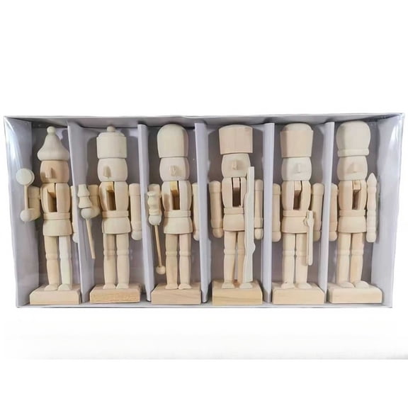 6 Pack Unfinished Wooden Nutcracker Figurines, Paint-Your-Own Christmas Soldier Craft Set for DIY Decorating, Holiday Tabletop Decor and Seasonal Projects