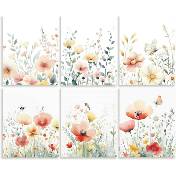 6 Pack Unframed Waterproof Canvas Wall Art Decor Watercolor Wildflower 8" x 10" Canvas Wall Poster for Home Office Bathrooms Library Bedrooms Living Room Decor