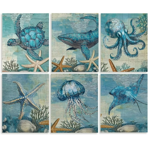 6 Pack Unframed Waterproof Sea Creature Decors Canvas Wall Art Ocean Turtle Shark Jellyfish Starfish Octopus 8 x 10 Inch Canvas Wall Posters Gift
