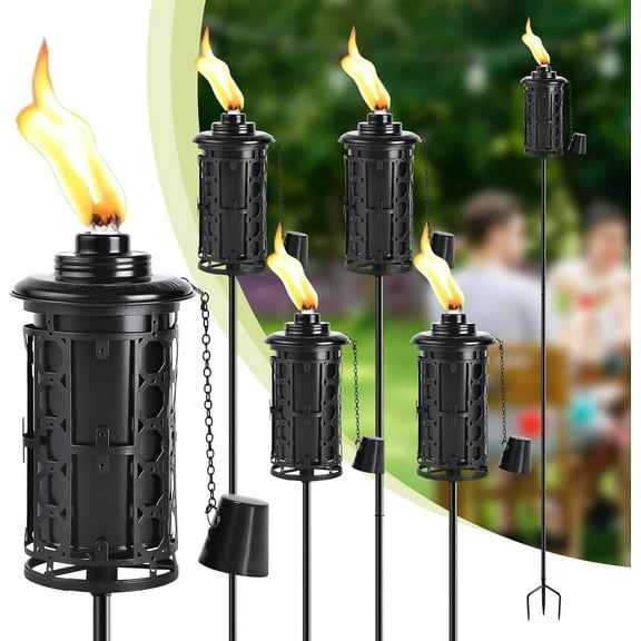 6-Pack Upgraded Home Garden Torch, Black Outdoor Metal Torch Garden Décor, 59-Inch Citronella Torches with 3-Prong Grounded Stake, Light Torches for Party Patio Pathway (More Stable)