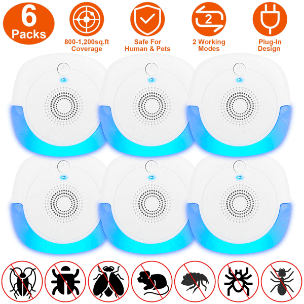 6 Pack Upgraded Ultrasonic Pest Repeller, Plug-in Insect Rodent Repellent with Dual Working Modes, 800-1200 Sq.ft Coverage, Safe for Human & Pets, for Mouse Roach Spider Mosquito Ant