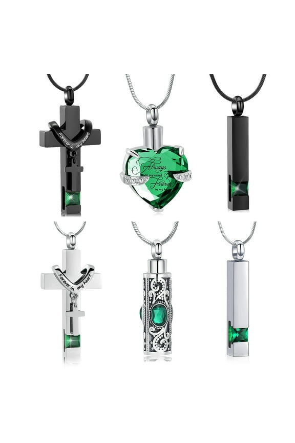 6 Pack Urn Necklace for Ashes Waterproof Stainless Steel Carved Ashes Locket with Filling Kit Heart Cylinder Cross Cubic Urn Jewelry for Ashes for Men Women