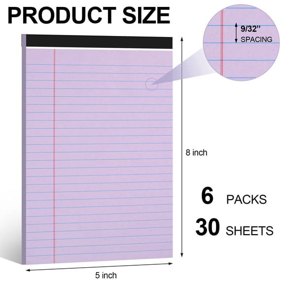 6 Pack Small Legal Pads, 5" x 8" Narrow Ruled Writing Pads, Micro-Perforated, 30 Sheets per Pad, Purple