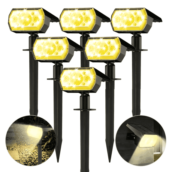 VOLIVO 6 Pack Solar Outdoor Lights, Waterproof Solar Spot Lights with 3 Modes, 64 LEDs, Dusk to Dawn Sensor, Decorative for Yard Patio Garden Walkway, Warm White