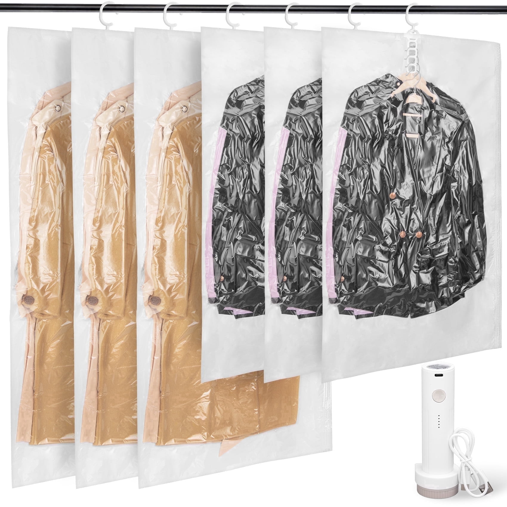 Hanging Vacuum Storage Bags with Electric Pump, 6PCS (3 Jumbo/3 Large) Space Saver Closet Organizer, Vacuum Garment Bags for Hanging Clothes to Reduce Wrinkles for Suits, Jackets and Bedding