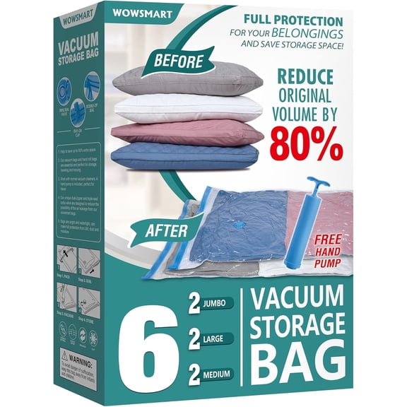 6 Pack Vacuum Storage Bags with Hand Pump, 80% Space Saver Vacuum Seal Storage Bags for Clothing, Travel Lugggage, Blankets, Comforters