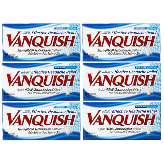 6 Pack - Vanquish Effective Headache Relief – Aspirin (NSAID), Acetaminophen, Caffeine, 100 Analgesic Coated Caplets