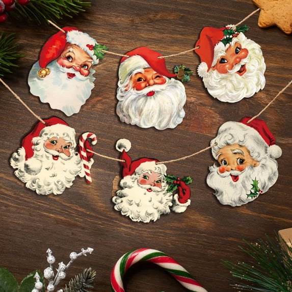 6 Pack, Vintage Santa Claus Wooden Hanging Signs with Jute Twine, Retro Christmas Tree Ornaments, Rustic Farmhouse Wall Decor for Living Room Fireplace Mantel, Holiday Decorations