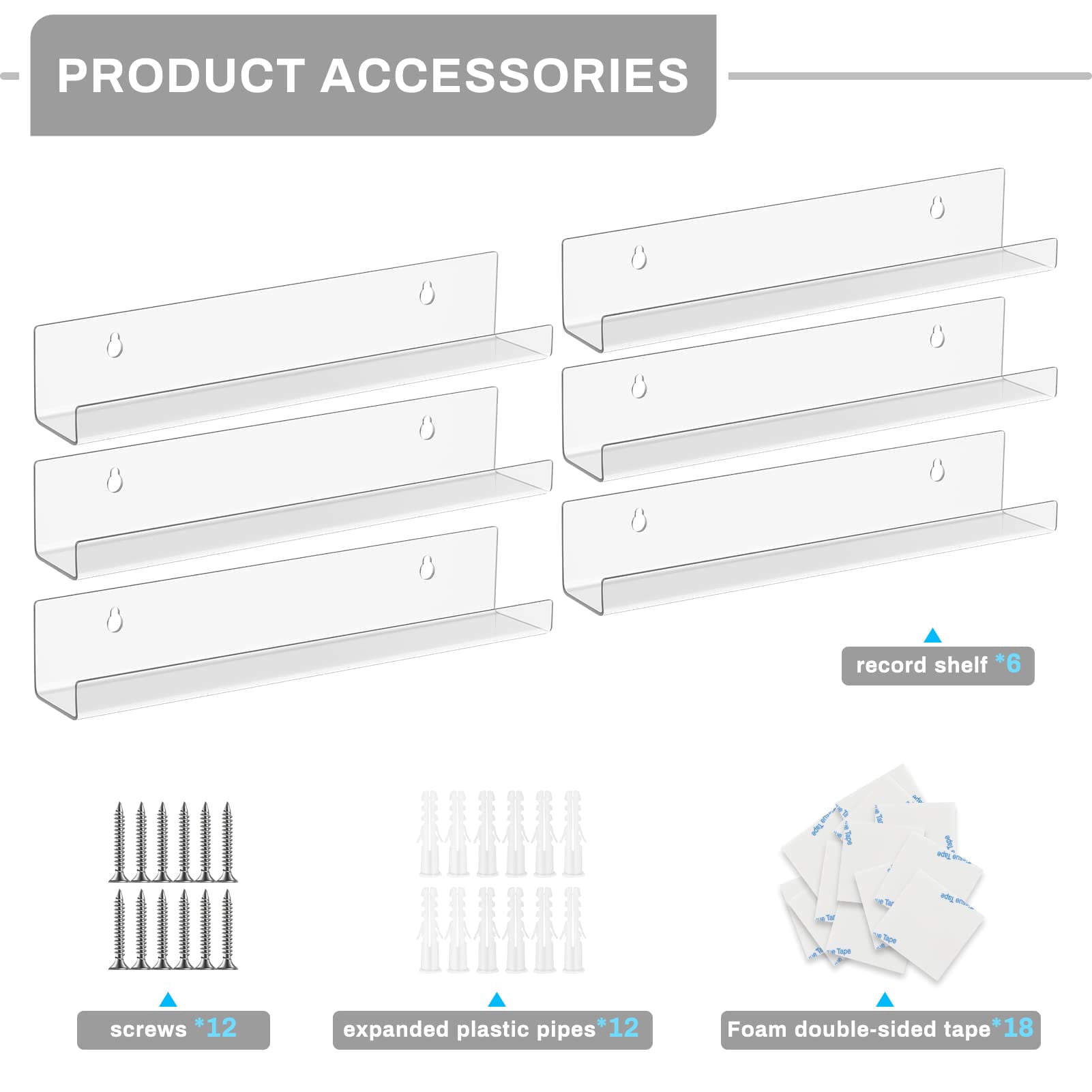 6 Pack Vinyl Record Shelf Wall Mount, Clear Acrylic Record Holder Wall