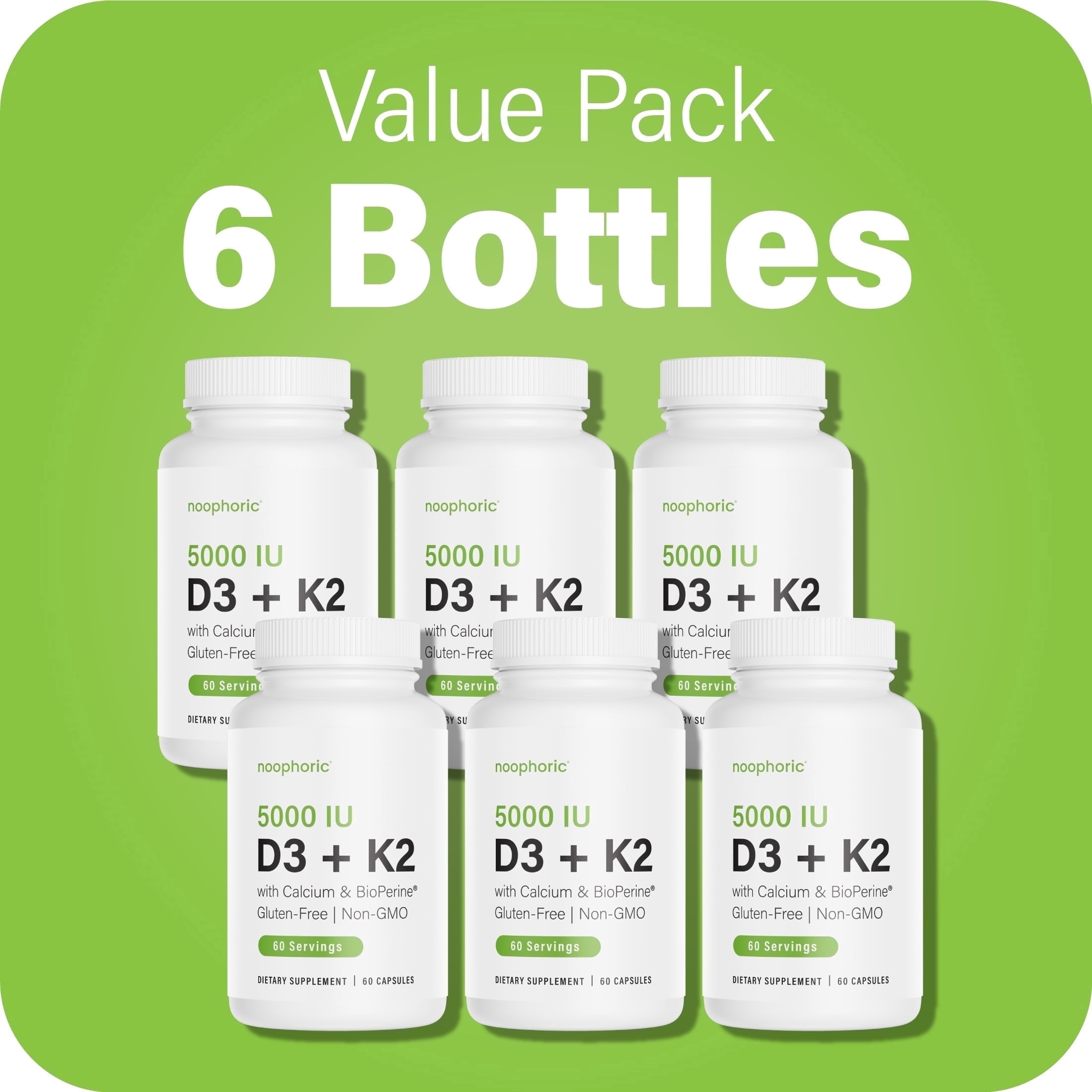 Noophoric Vitamin D3 K2 5000 IU Supplement with Calcium, BioPerine - Non-GMO, 360 Capsules (6 Pack)