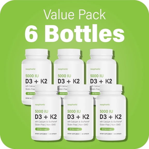 Noophoric Vitamin D3 K2 5000 IU Supplement with Calcium, BioPerine - Non-GMO, 360 Capsules (6 Pack)