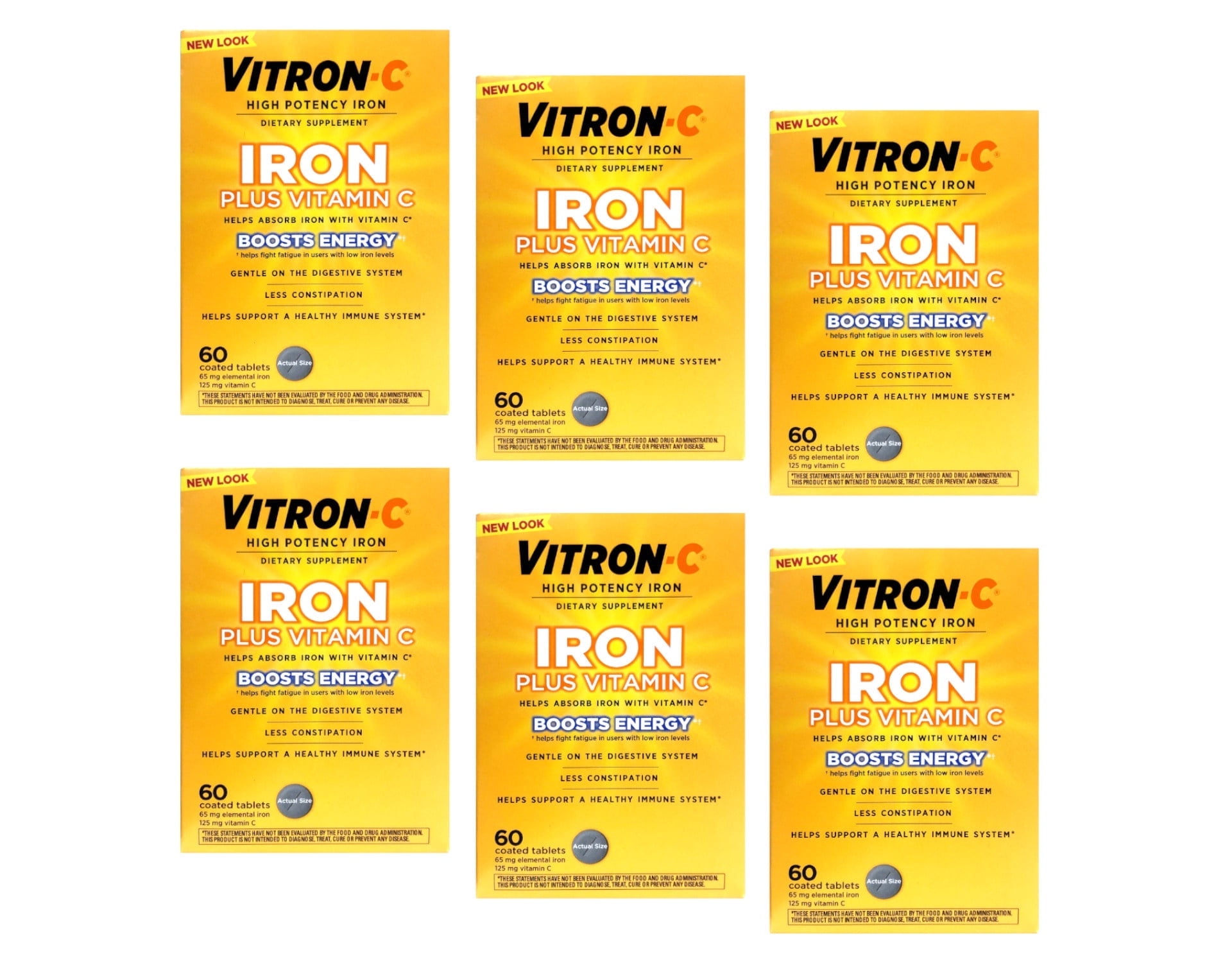 Vitron-C High Potency Iron Plus Vitamin C, Helps Absorb Iron, Gentle on Digestive System, Less Constipation, 60 Coated Tablets (pack of 6)