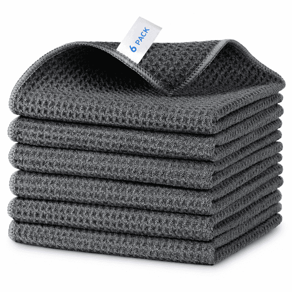 6 Pack Waffle Pattern Microfiber Cleaning Cloths, Reusable Lint Free Kitchen Dish Towels, 12.6 x 12.6 Inches, Dark Gray