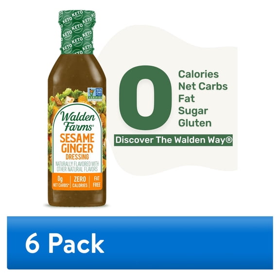 (6 pack) Walden Farms Sesame Ginger Dressing, 12 oz. Bottle, Fresh and Delicious Salad Topping, Sugar Free 0g Net Carbs Condiment, Sweet and Tangy