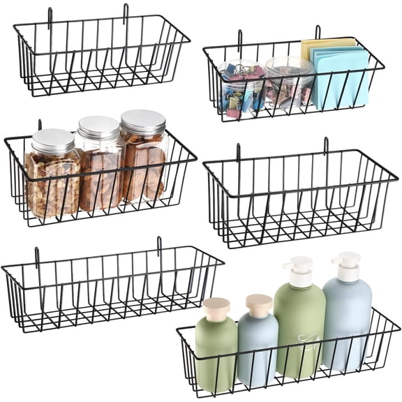 6 Pack Wall Grid Panel Hanging Wire Basket, Multi-size Wall Storage and Display Basket, Wire Grid Wall Accessories for Cabinet, Pantry Organization, Kitchen, Bathroom Storage, Black