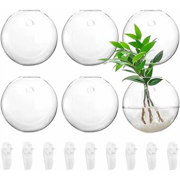 6 Pack Wall Hanging Planters Terrarium, 4.7 Inch Glass Oblate Globe Plants Containers, Wall Mount Clear Flower Vase for Propagating Hydroponics Plants, Air Plants (Plants Not Included)