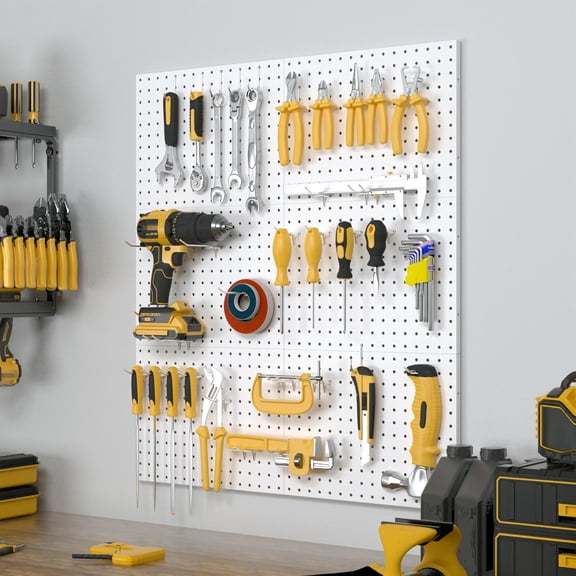 6-Pack Wall Mounted Pegboards, White Metal Panels with 50 Hooks, Heavy Duty Organizer for Garage, Workshop, Home, Office, or Kitchen