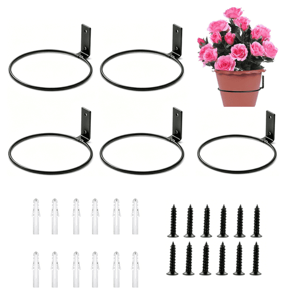 6 Pack Wall Mounted Plant Holder Ring 6 Inch – Heavy Duty Metal Flower Pot Hanger Bracket for Indoor Outdoor, Space-Saving Plant Stand with Screws & Anchors, Black