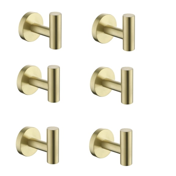 6 Pack Wall Mounted Stainless Steel Bathroom Towel Hooks, Brushed Gold Heavy Duty Coat Robe Hook Set, Rustproof Modern Round Base Wall Hooks for Bathroom Kitchen Bedroom