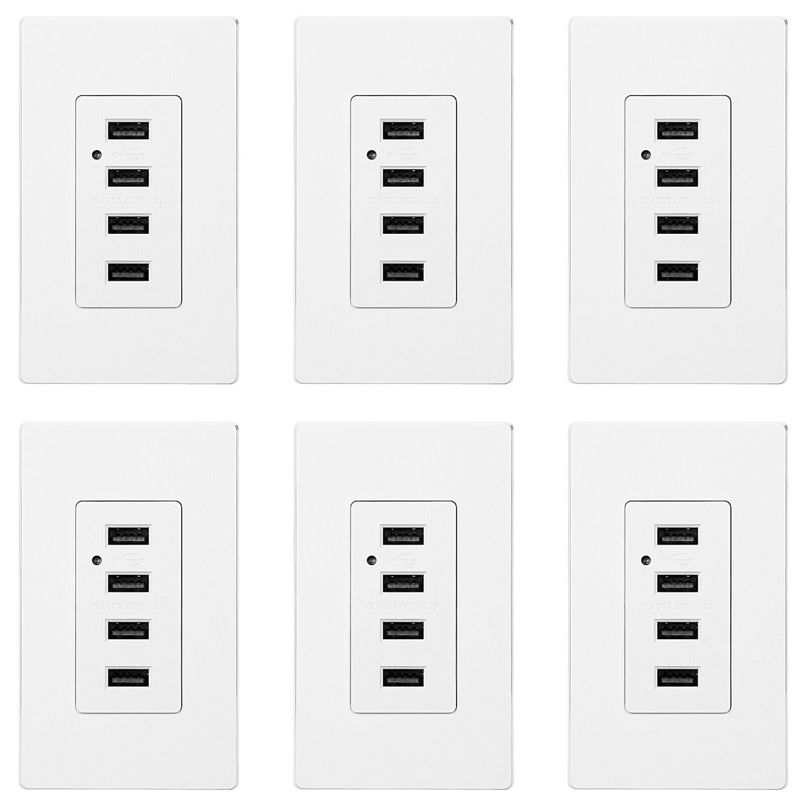 6 Pack 4 USB Charging Wall Outlets, 4.2A Fast Charging USB Ports, 2 Wall Plate Included, White